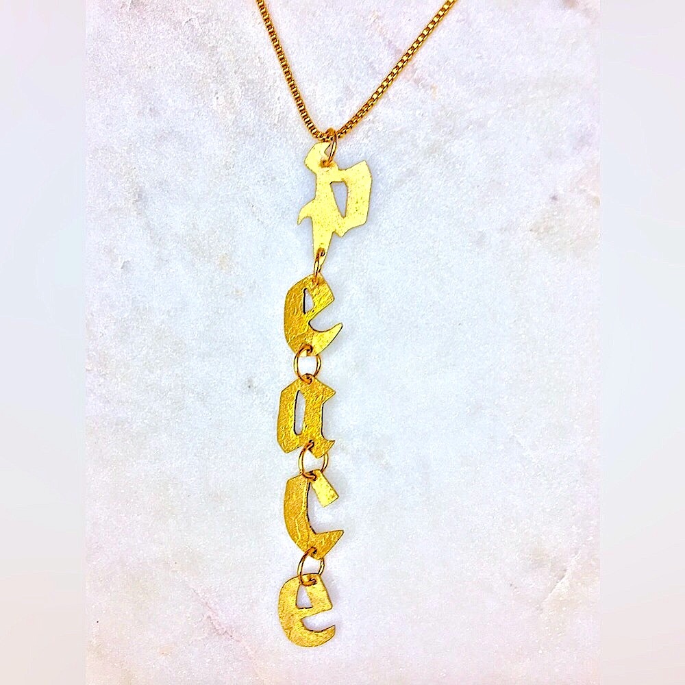 Gold Peace Necklace, handcrafted peace gold tone pendant w/24k gold plated chain - Picture 1 of 15